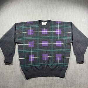 Vintage I Magnin Sweater Mens‎ XL Gray Plaid Lambswool Knit Crewneck Scotland